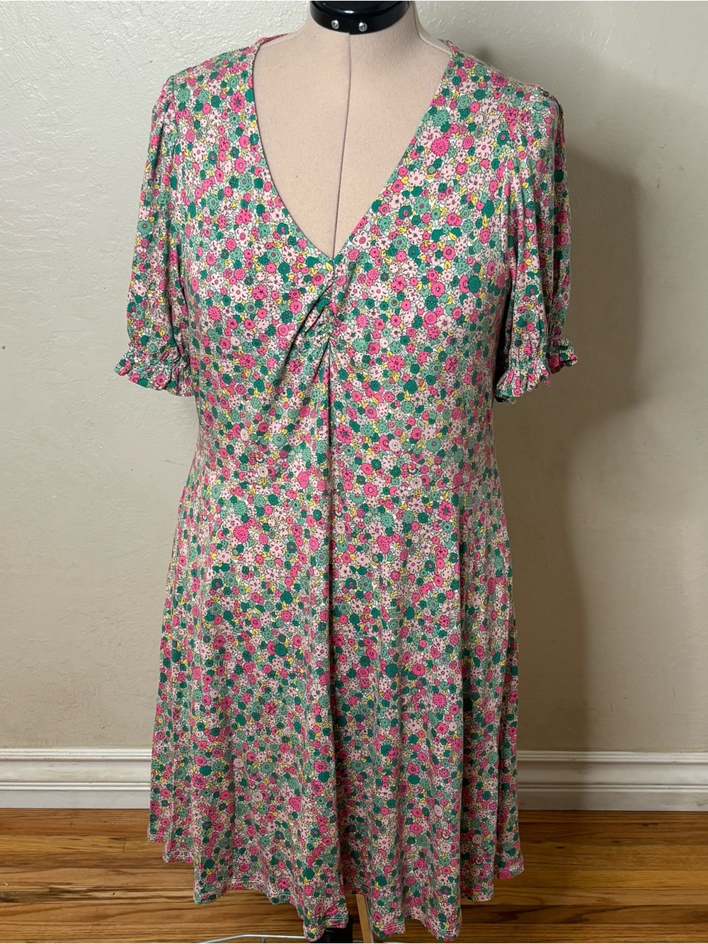 Boden Pink & Green Floral V-Neck Midi Dress